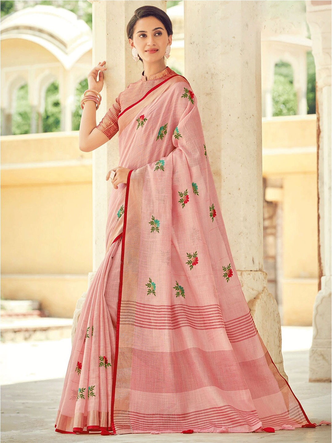 

ODETTE Pink & Green Floral Embroidered Linen Blend Saree