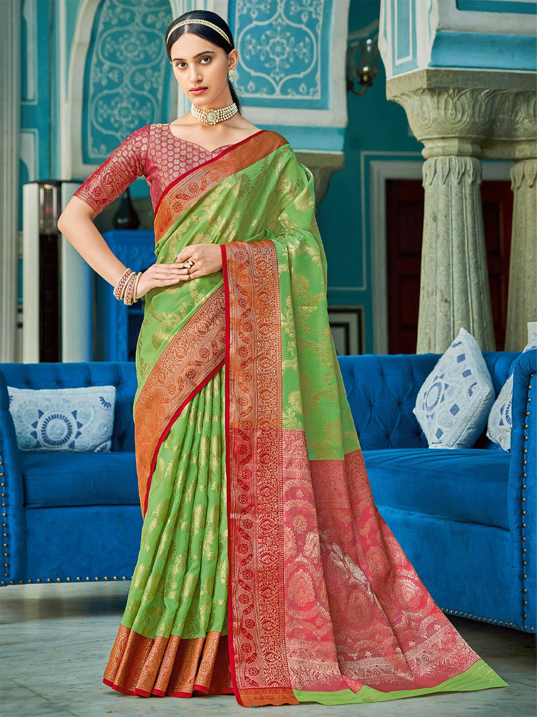 

ODETTE Green & Red Woven Design Zari Saree