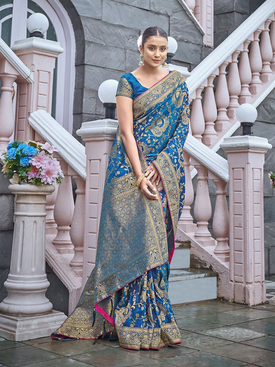 

ODETTE Blue & Pink Woven Design Zari Silk Blend Saree