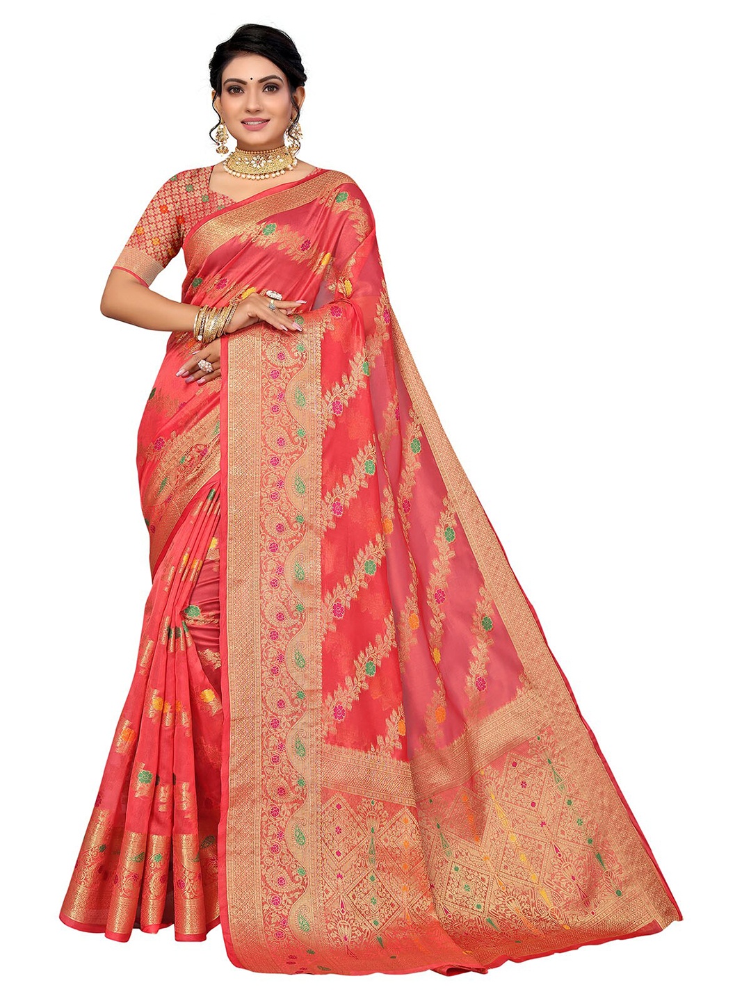 

ODETTE Pink & Green Woven Design Zari Organza Saree