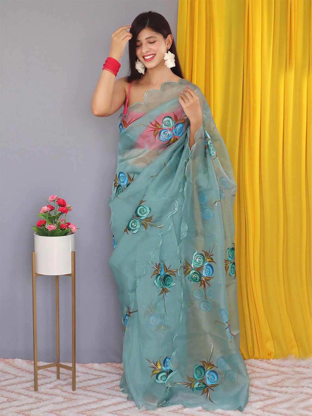 

ODETTE Grey & Blue Floral Organza Saree