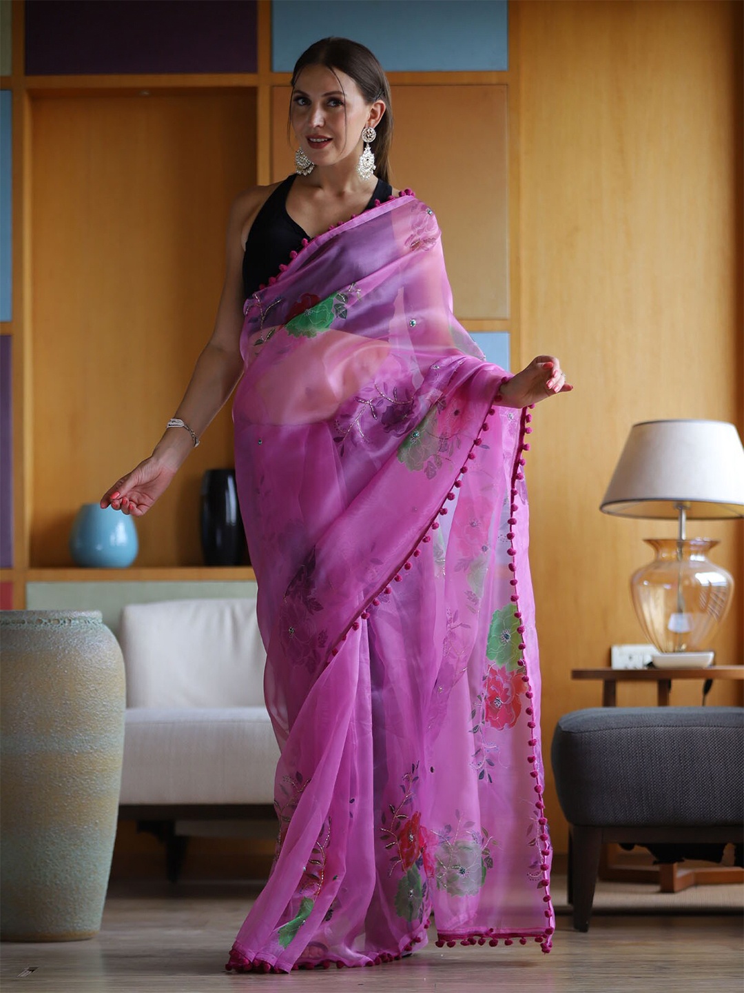 

ODETTE Pink & Green Floral Organza Saree