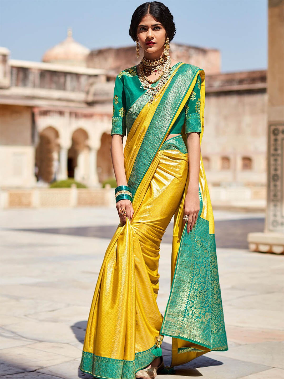 

ODETTE Yellow & Green Woven Design Zari Silk Blend Saree