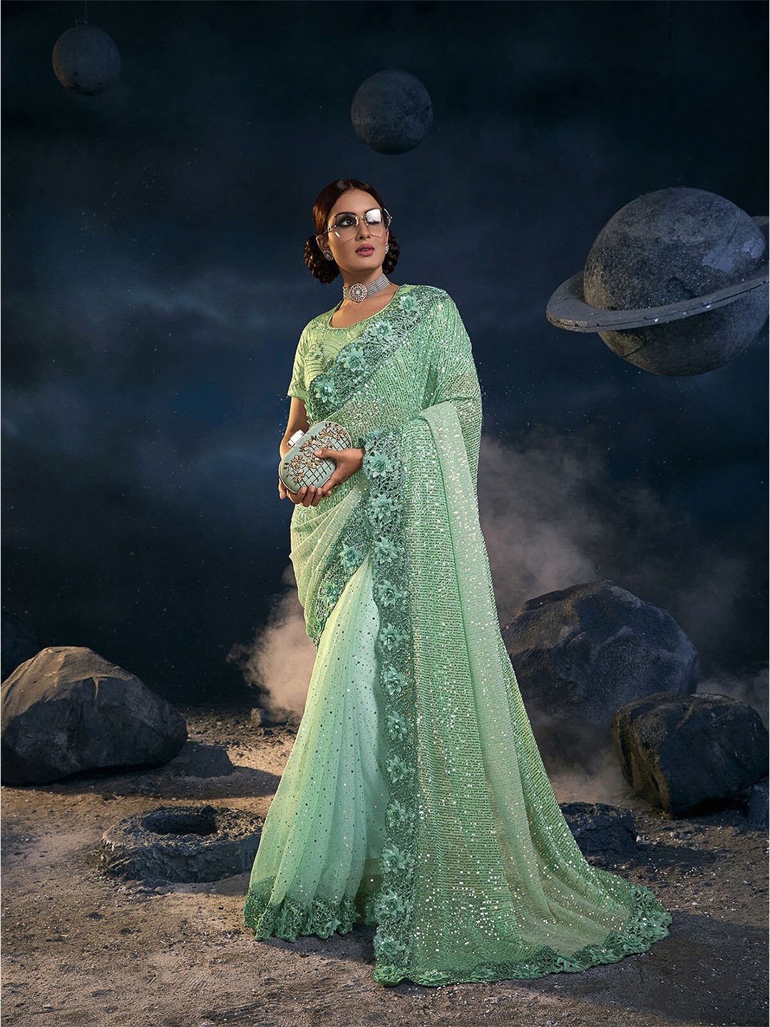 

ODETTE Sea Green Floral Embroidered Net Saree