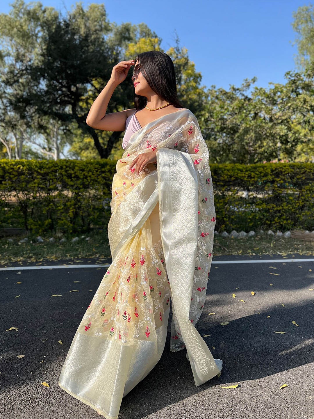 

ODETTE Yellow & White Embellished Embroidered Organza Saree