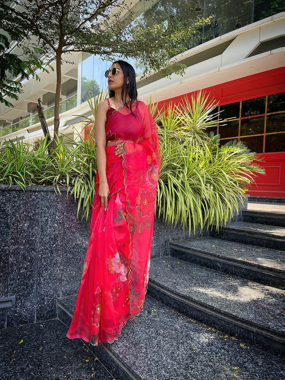 

ODETTE Red & White Floral Sequinned Organza Saree