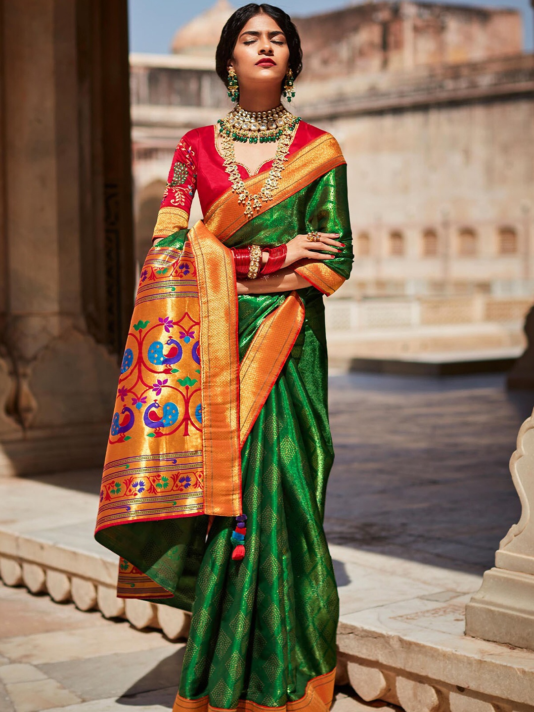 

ODETTE Green & Red Woven Design Zari Silk Blend Saree