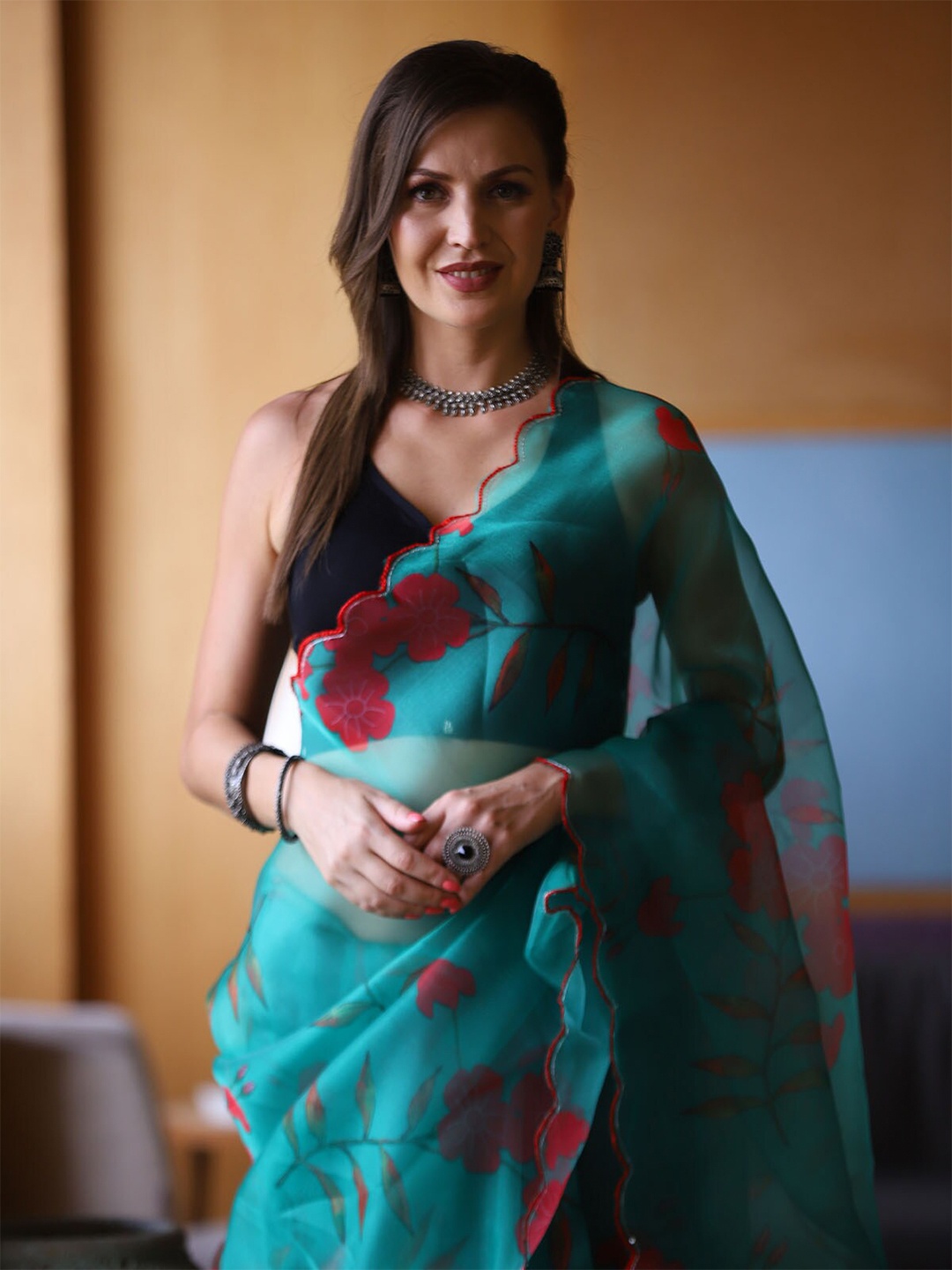 

ODETTE Green & Red Floral Organza Saree