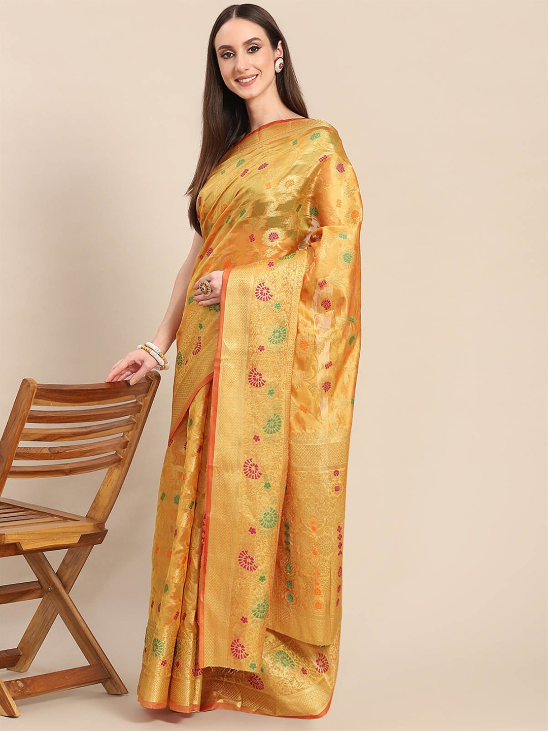 

ODETTE Yellow & Green Woven Design Zari Organza Saree