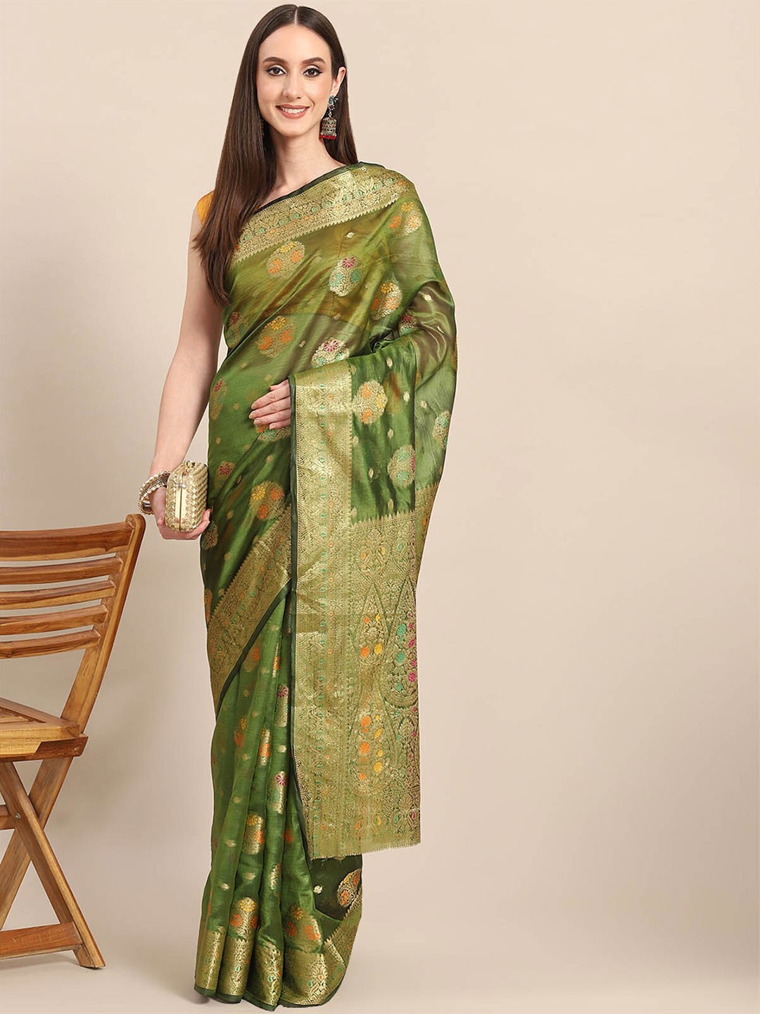 

ODETTE Green & Orange Woven Design Zari Organza Saree