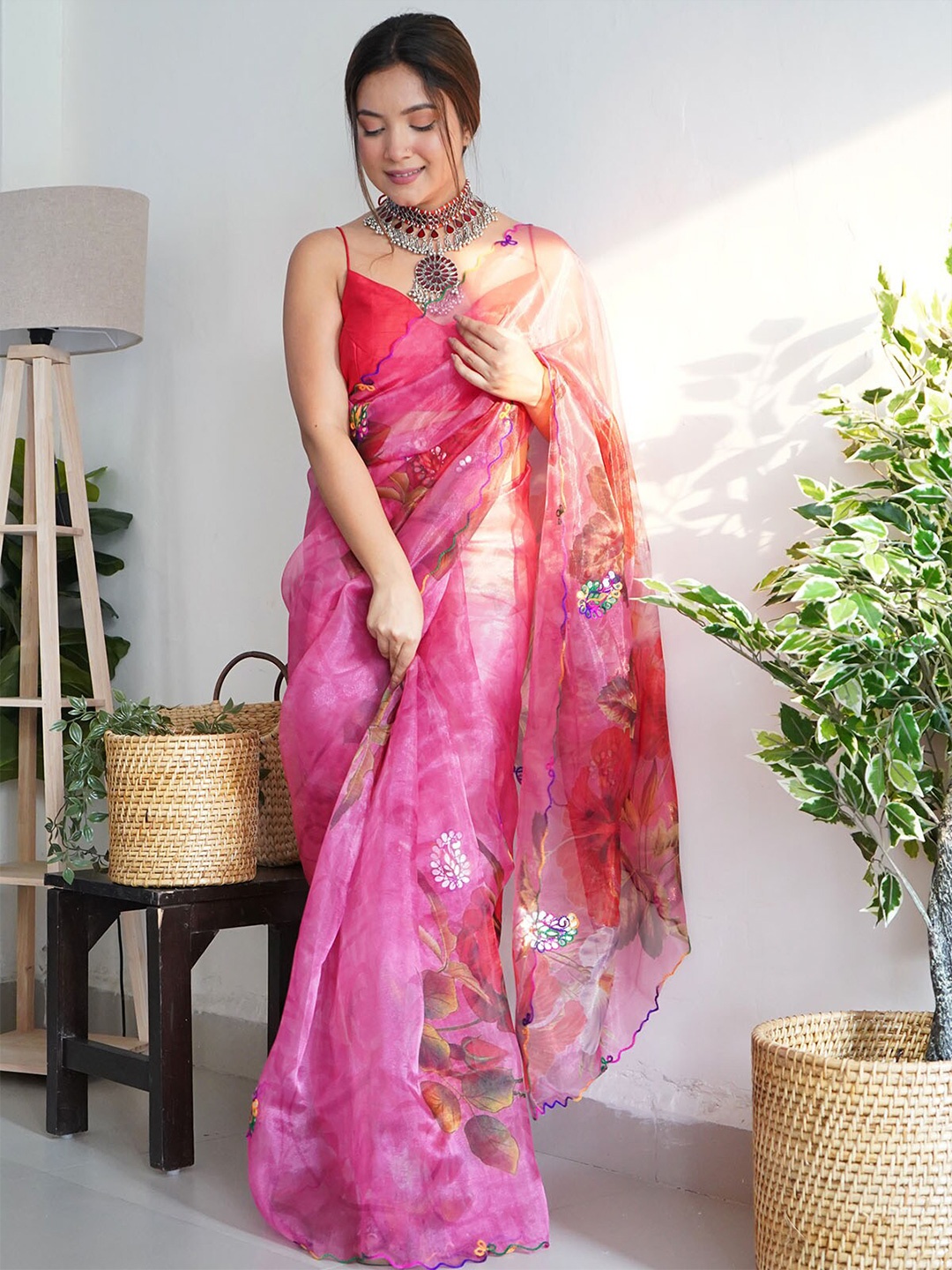 

ODETTE Pink & Green Floral Embroidered Organza Saree