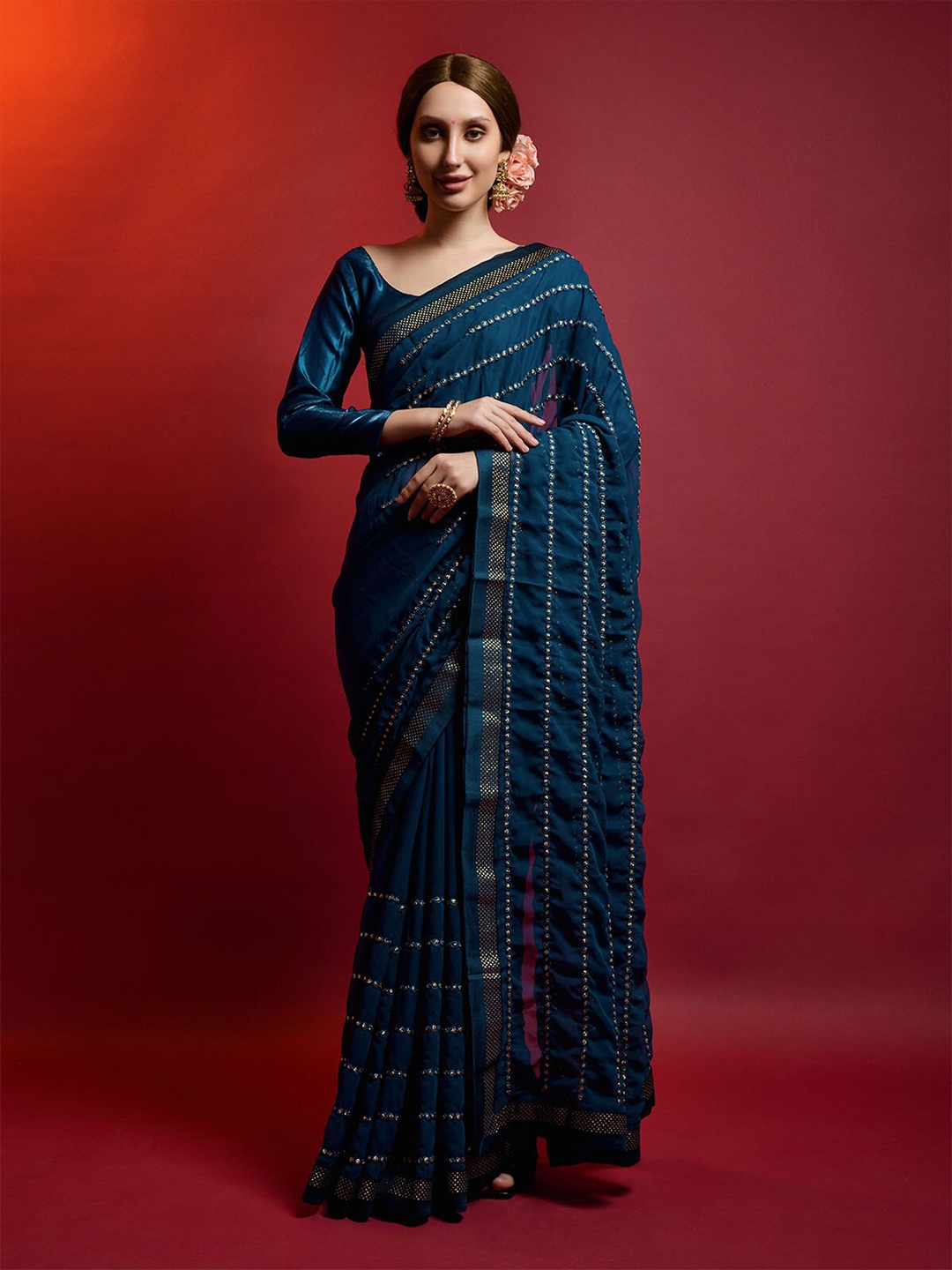 

ODETTE Blue & Gold-Toned Embellished Embroidered Saree