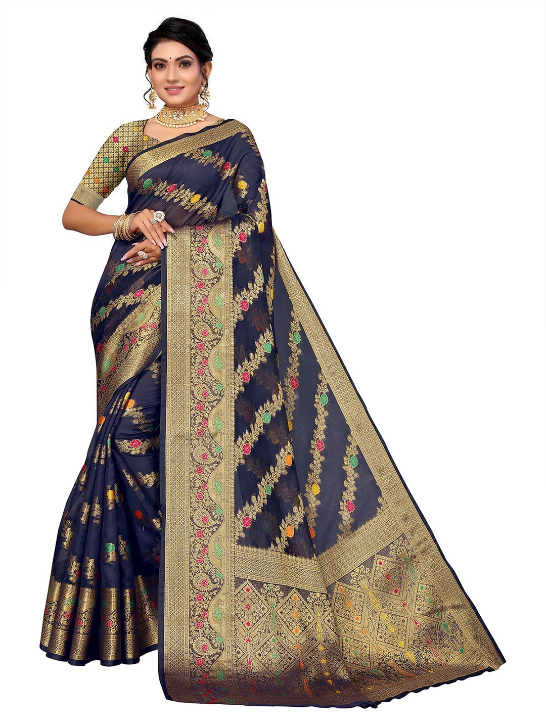

ODETTE Navy Blue & Yellow Woven Design Zari Organza Saree