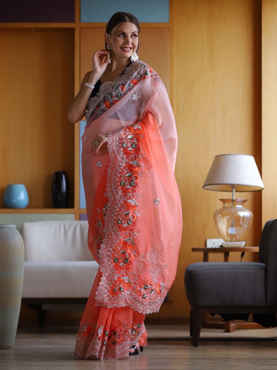 

ODETTE Peach-Coloured & White Floral Embroidered Organza Saree