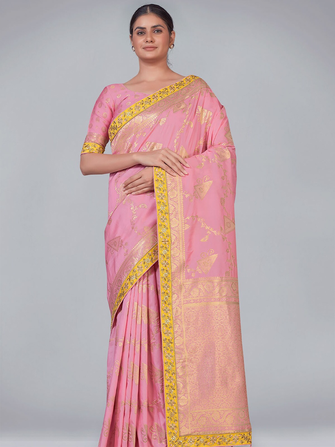 

ODETTE Pink & Yellow Woven Design Embroidered Silk Blend Saree