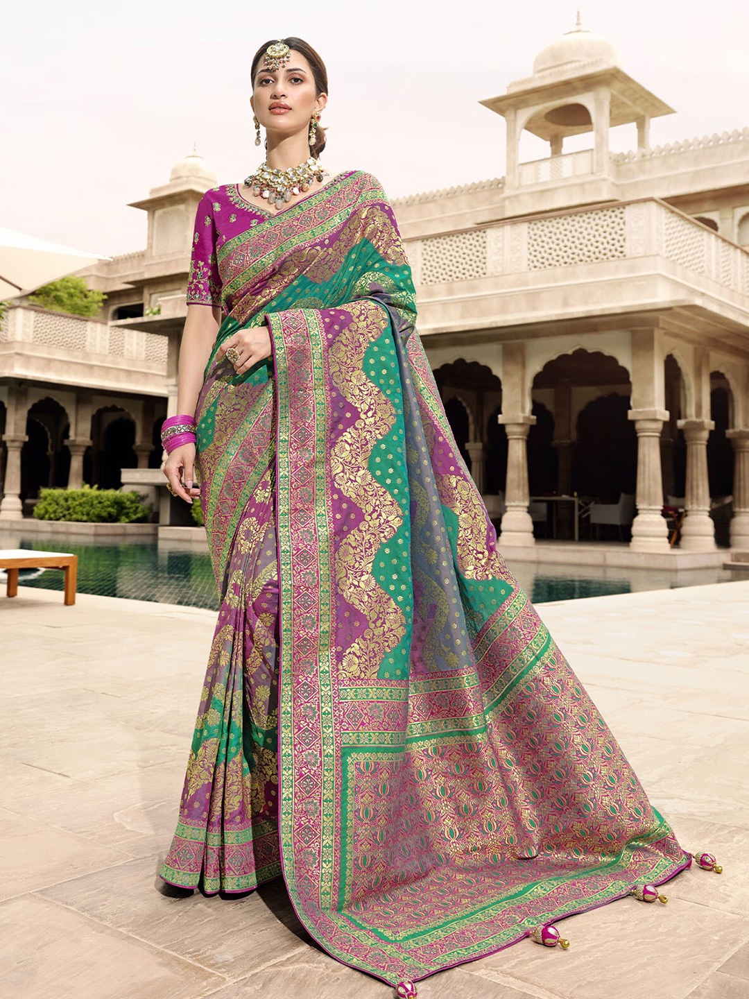 

ODETTE Green & Violet Woven Design Zari Silk Blend Saree