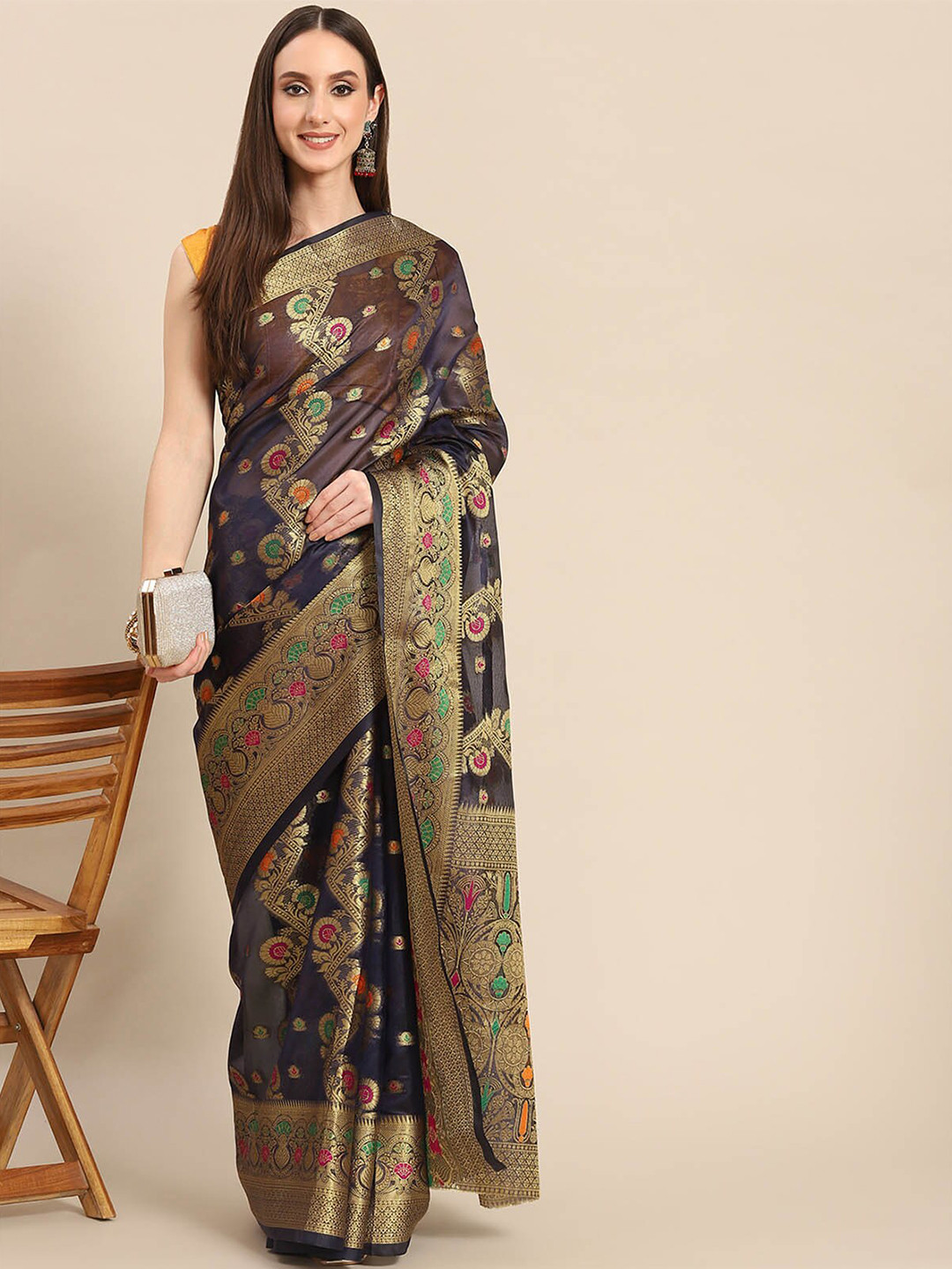 

ODETTE Blue & Green Woven Design Zari Organza Saree