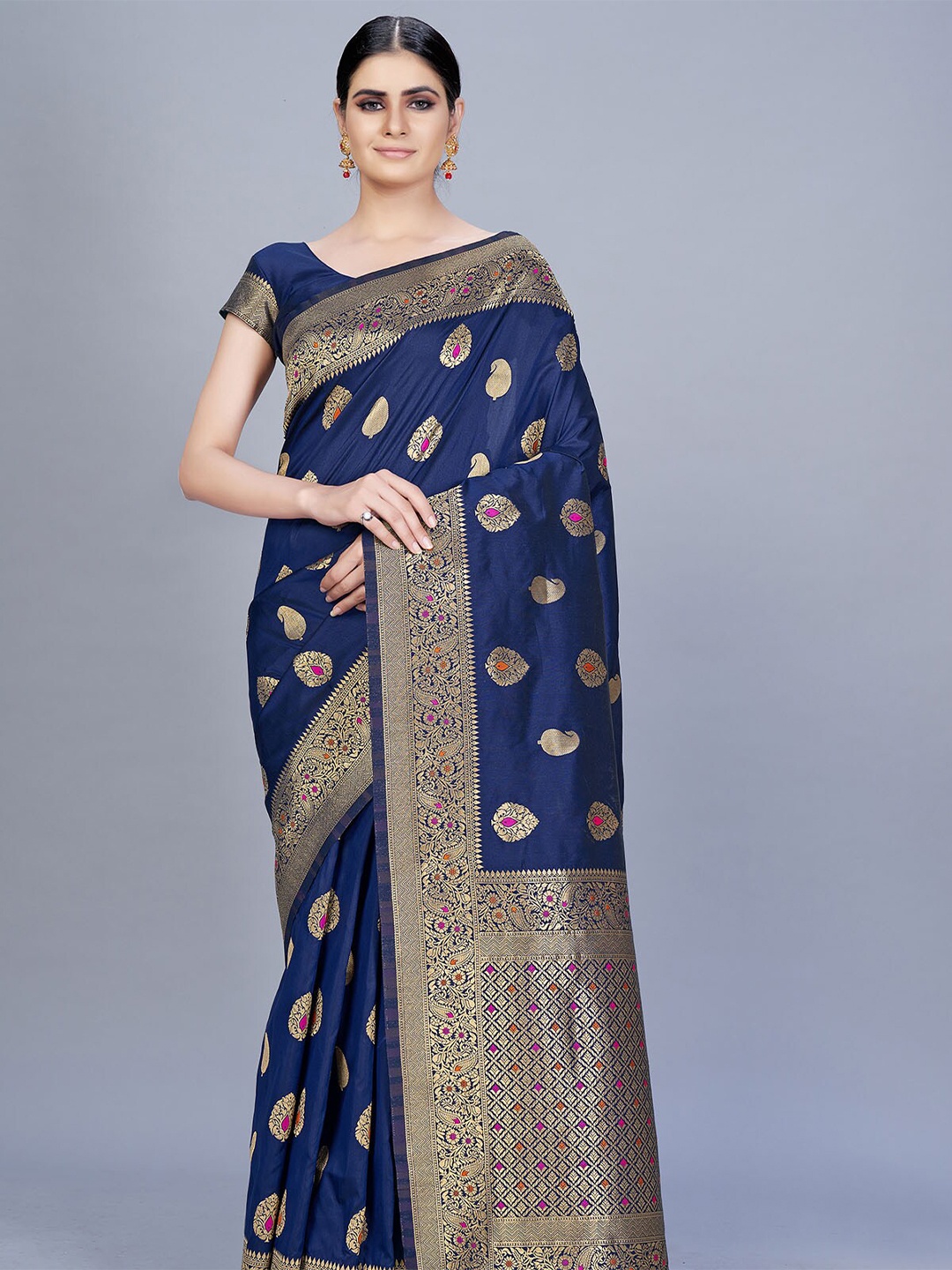 

ODETTE Blue & Pink Woven Design Zari Silk Blend Saree