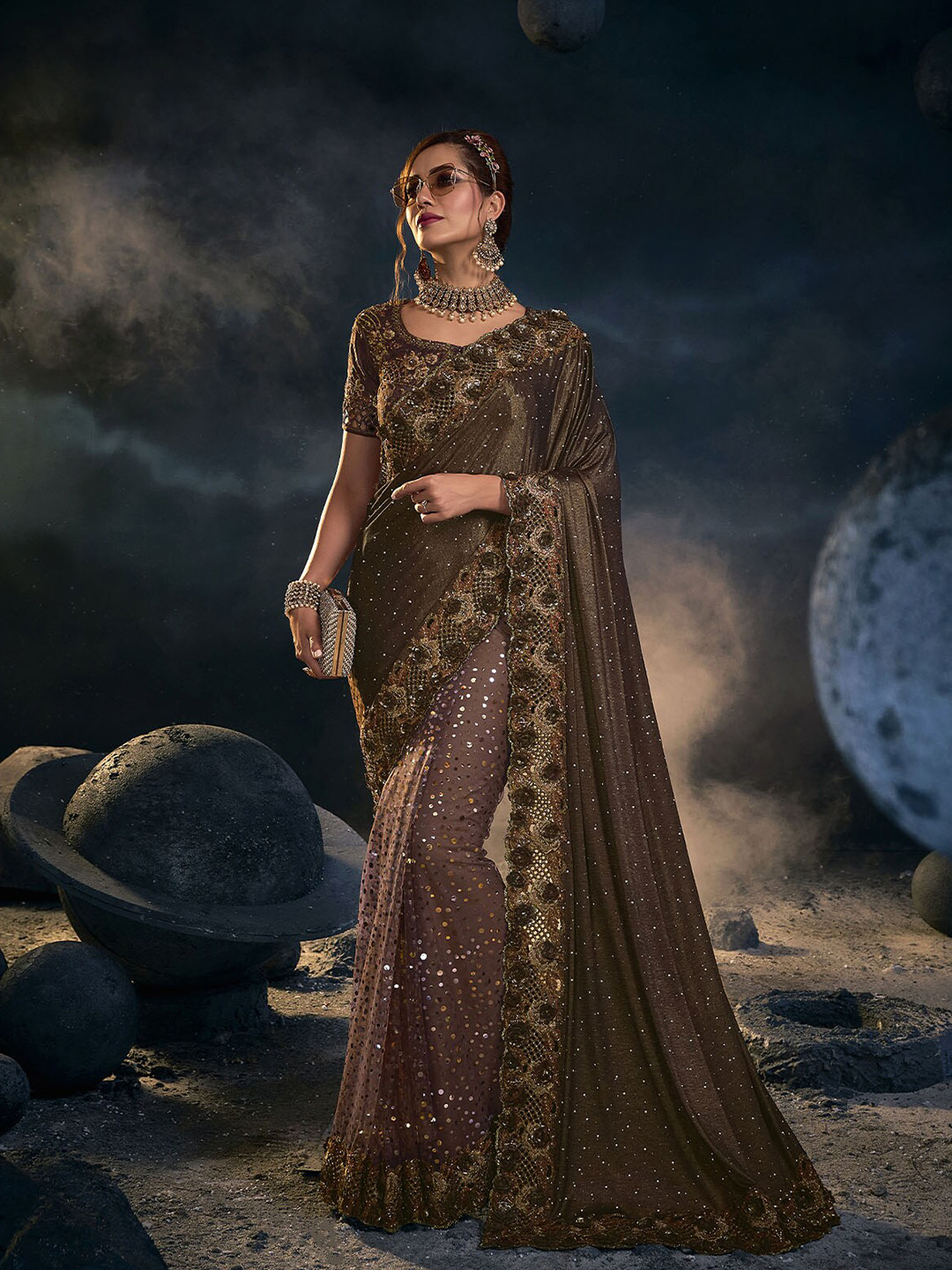 

ODETTE Brown & Gold-Toned Sequinned Embroidered Net Saree