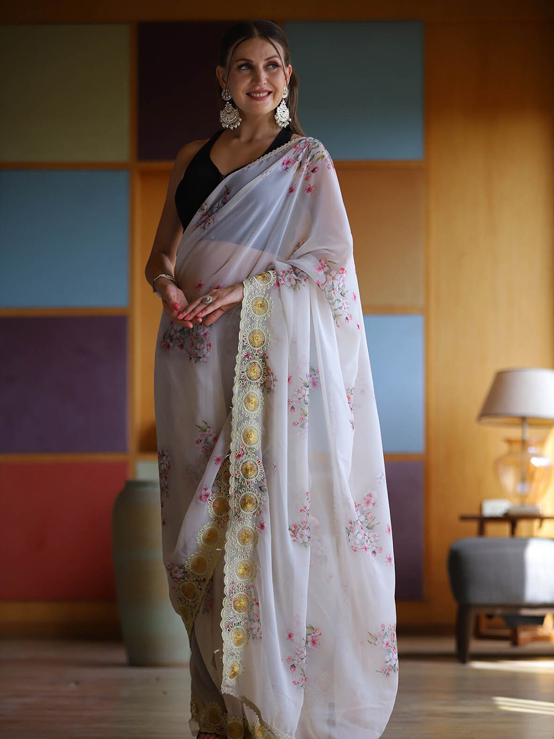

ODETTE White & Pink Floral Sequinned Saree