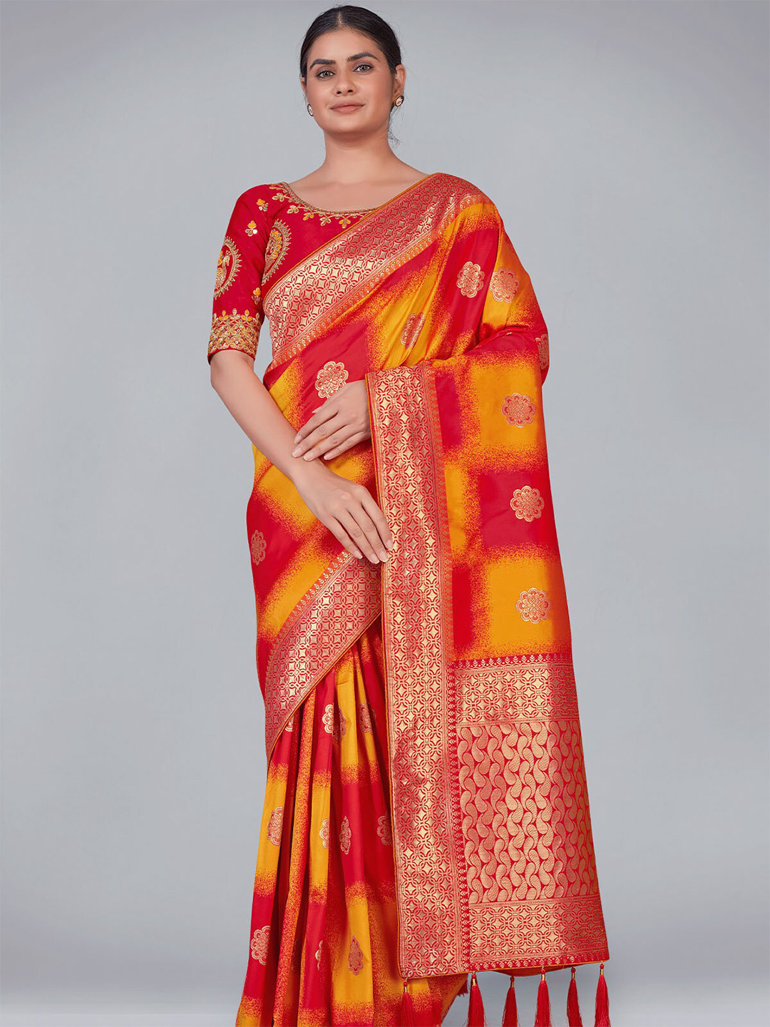 

ODETTE Red & Yellow Woven Design Zari Silk Blend Saree