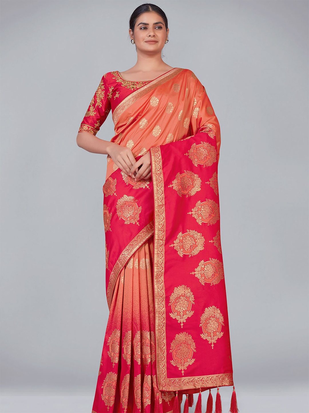 

ODETTE Orange & Peach-Coloured Woven Design Zari Silk Blend Saree