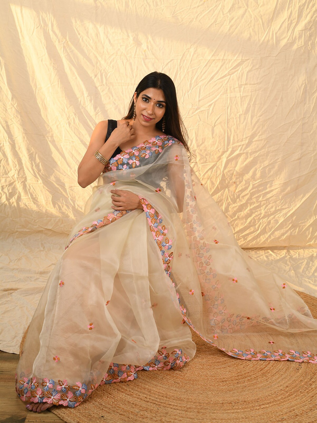 

ODETTE Beige & Pink Floral Embroidered Organza Saree