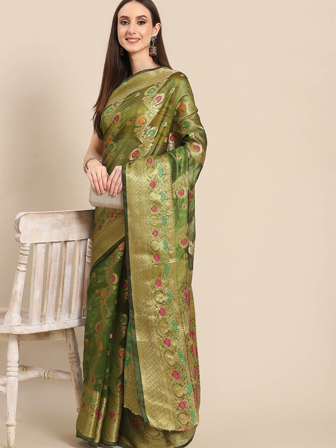 

ODETTE Green & Orange Woven Design Zari Organza Saree