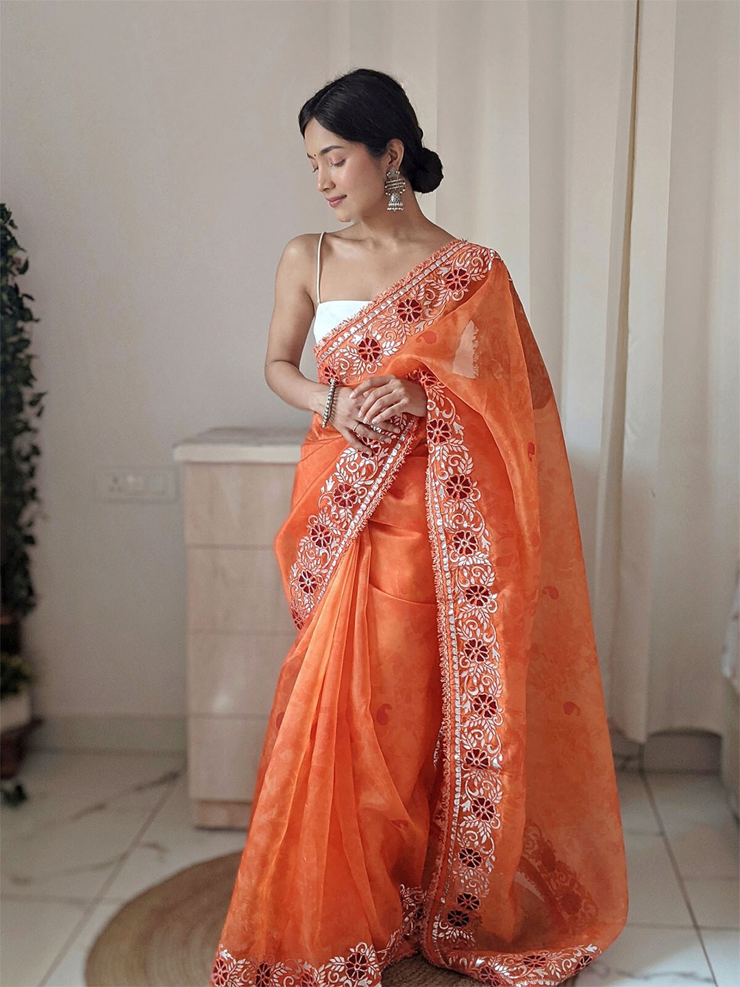

ODETTE Orange & Red Paisley Embroidered Organza Saree