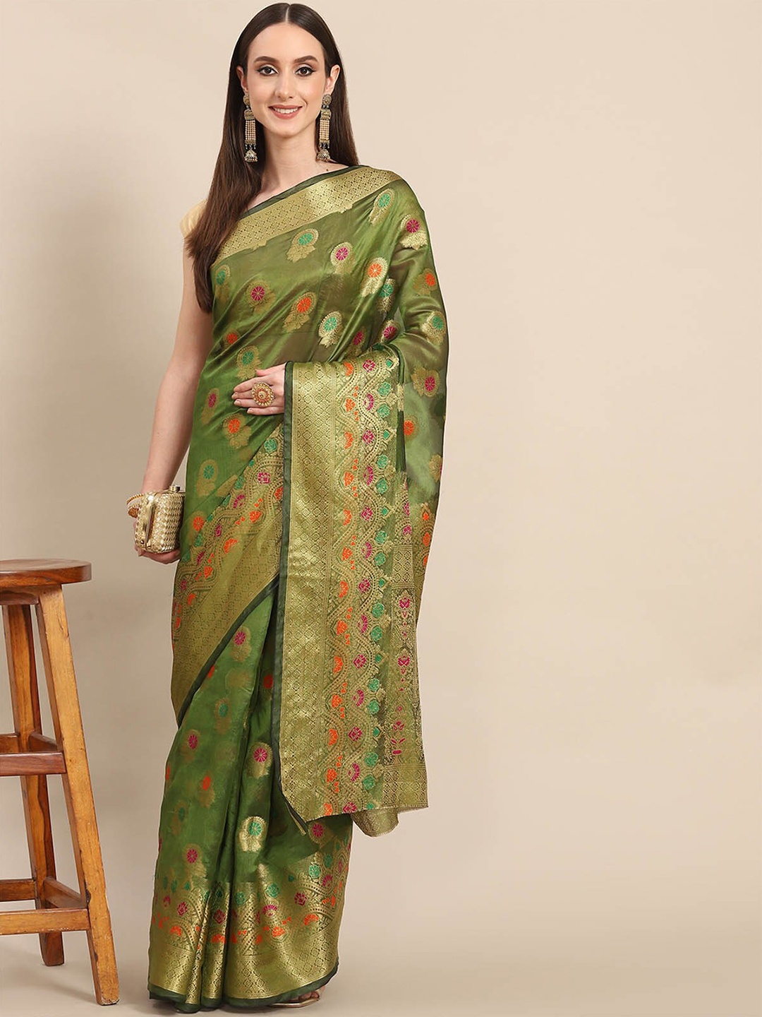 

ODETTE Green & Orange Woven Design Zari Organza Saree