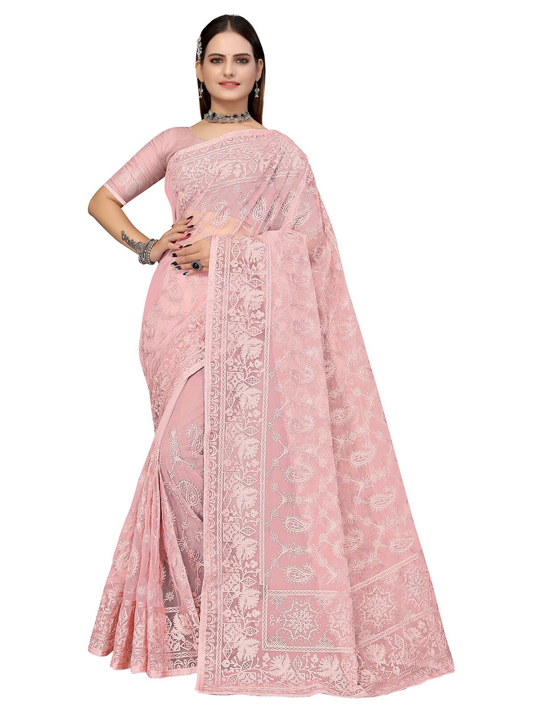 

ODETTE Peach-Coloured Floral Embroidered Net Saree