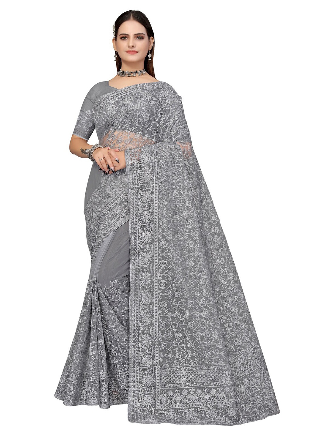 

ODETTE Grey Floral Embroidered Net Saree