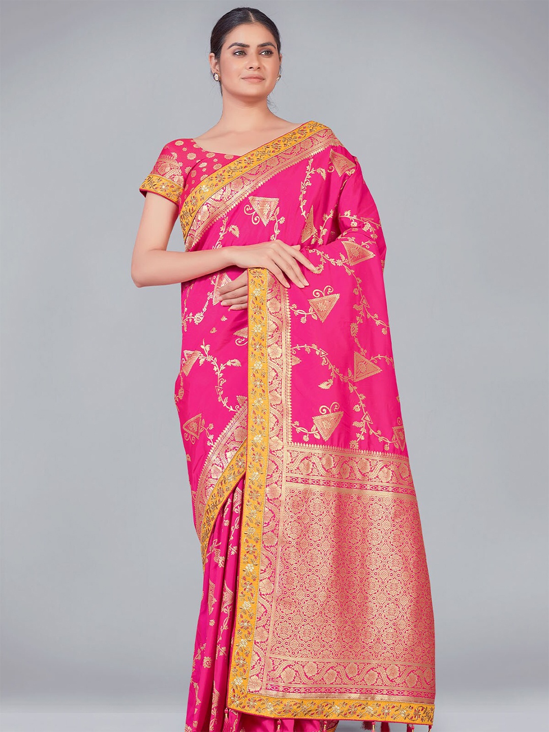 

ODETTE Pink & Yellow Woven Design Zari Silk Blend Saree