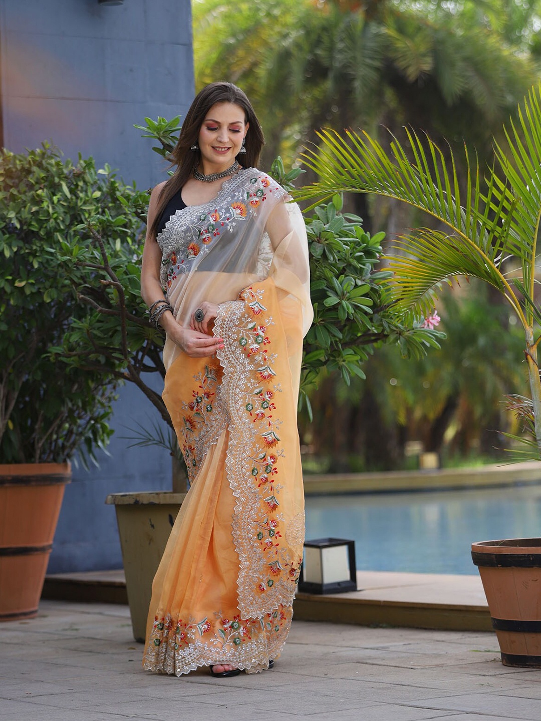 

ODETTE Orange & White Embroidered Organza Saree