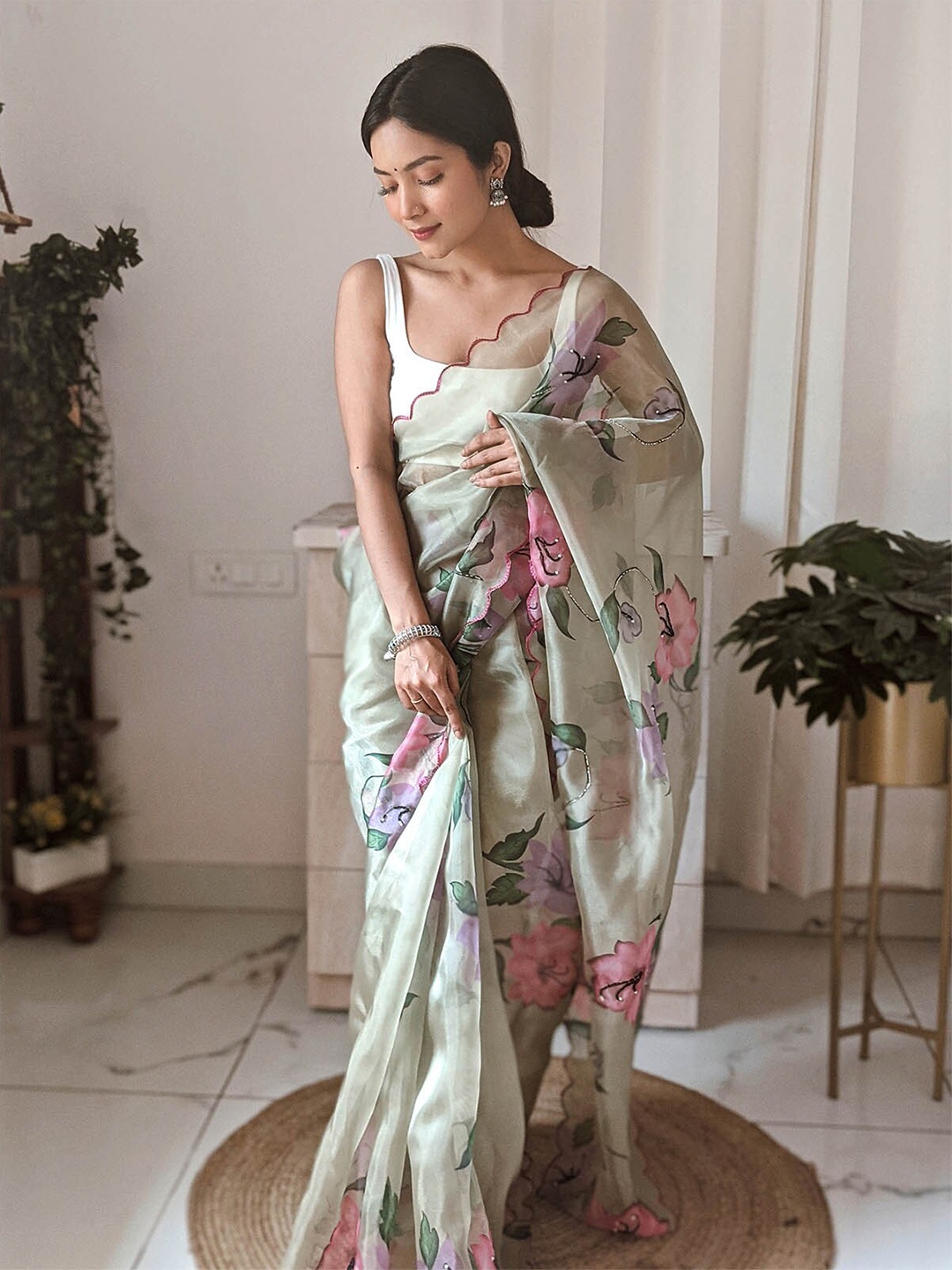 

ODETTE Green & Cream-Coloured Floral Embroidered Organza Saree