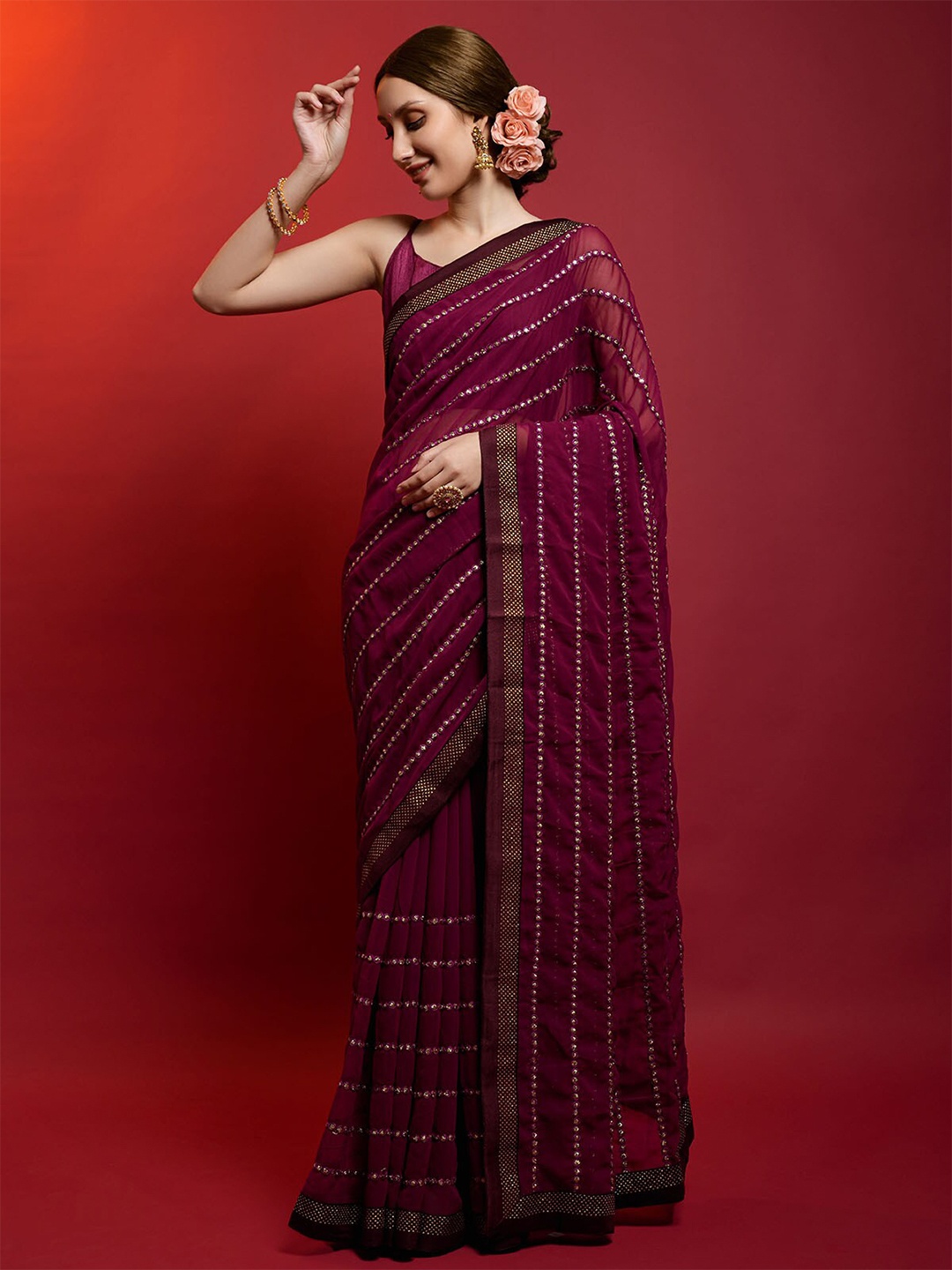 

ODETTE Purple Striped Mirror Work Saree
