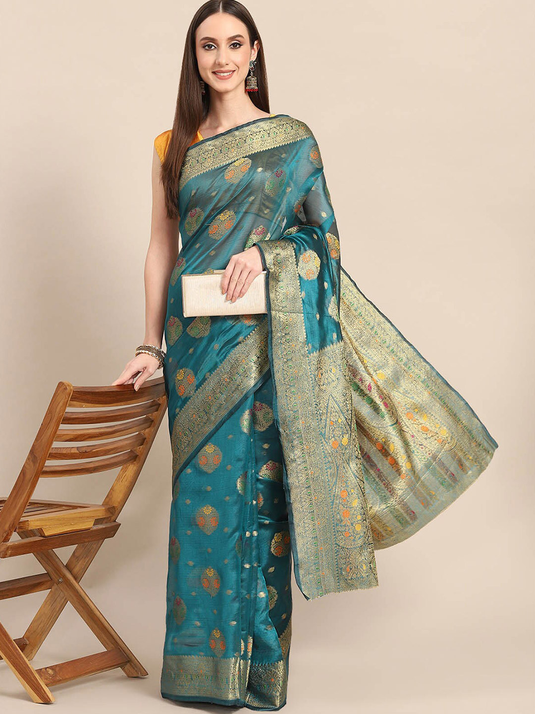 

ODETTE Teal & Orange Woven Design Zari Organza Saree