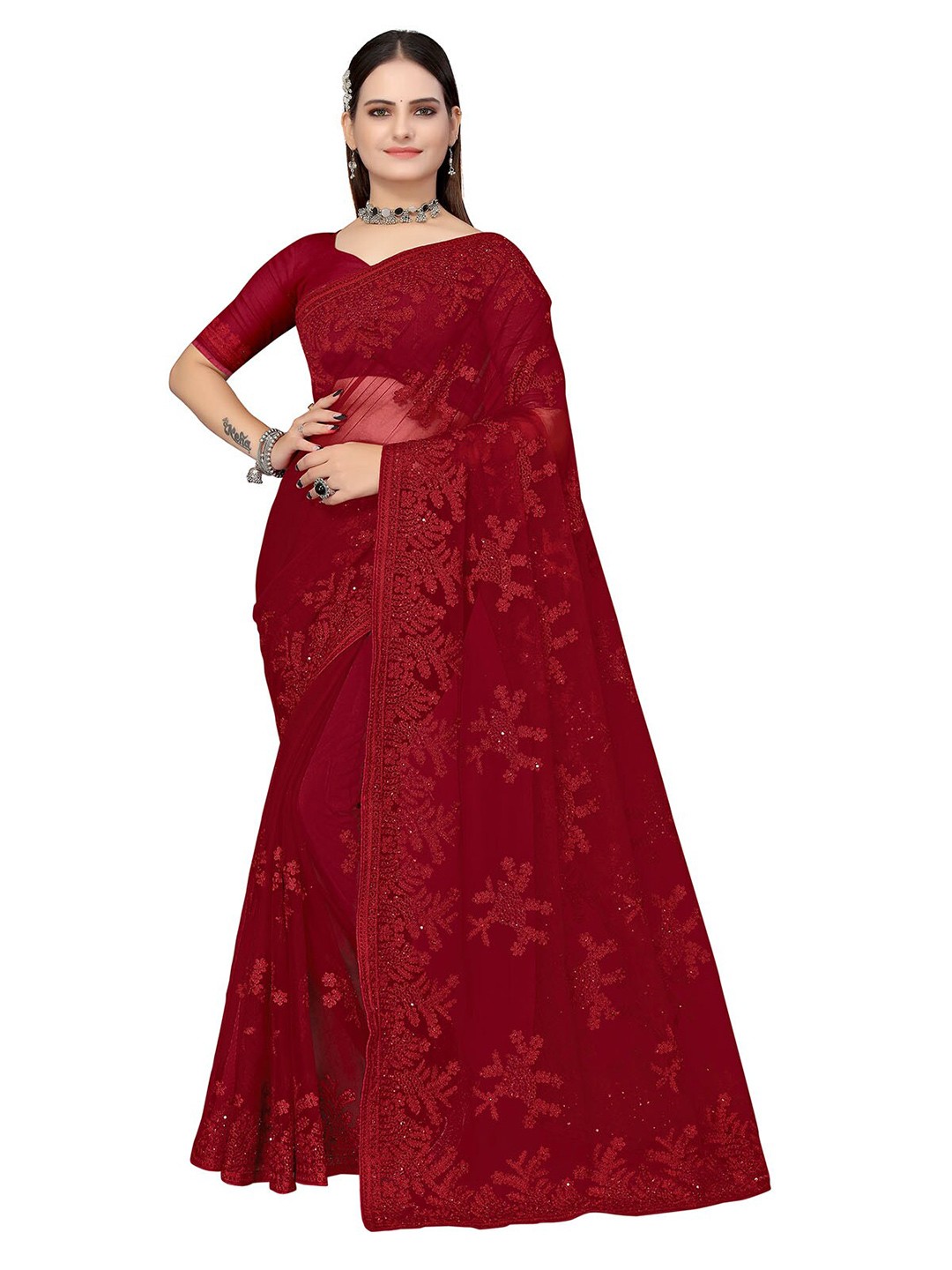 

ODETTE Maroon Floral Embroidered Net Saree