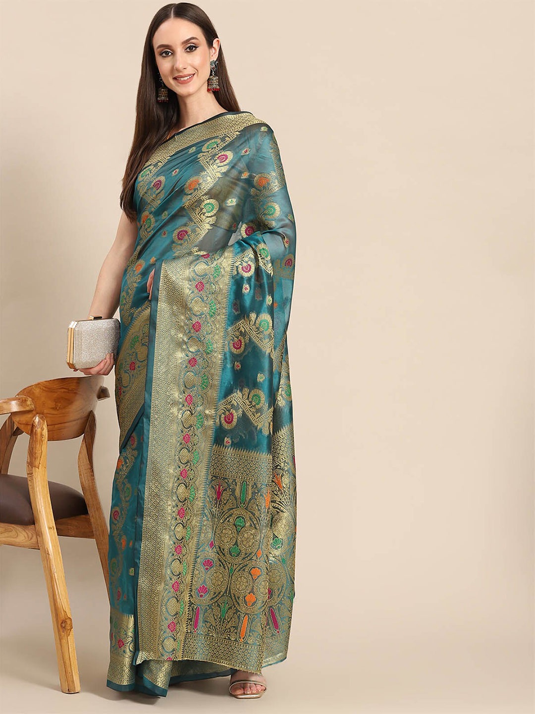 

ODETTE Blue & Green Woven Design Zari Organza Saree