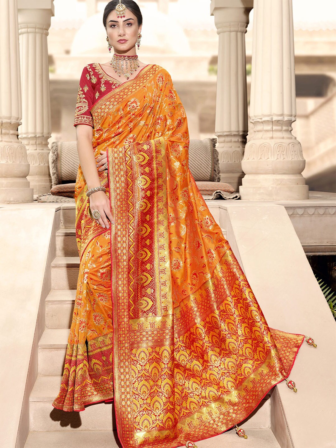 

ODETTE Orange & Gold-Toned Woven Design Zari Silk Blend Saree