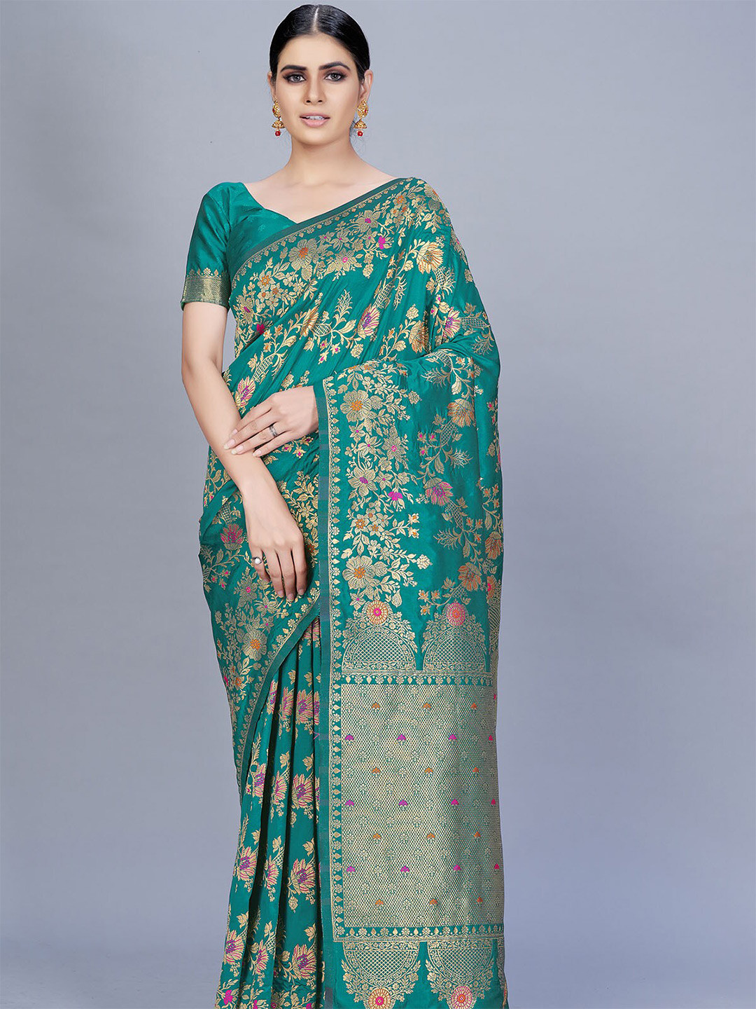

ODETTE Green & Orange Woven Design Zari Silk Blend Saree