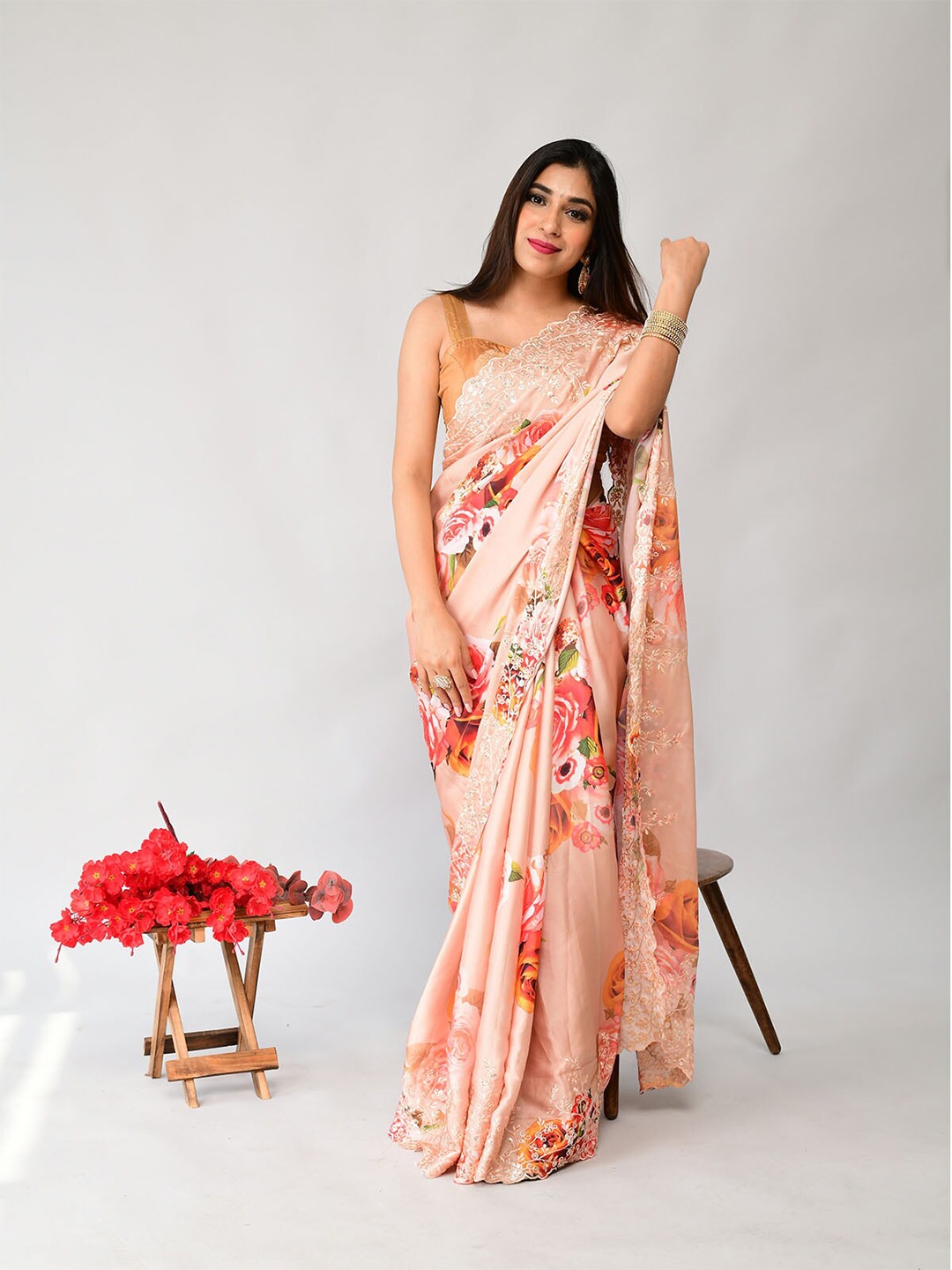 

ODETTE Orange & Red Floral Embroidered Satin Saree