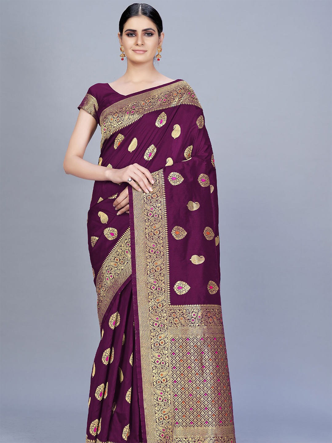 

ODETTE Purple & Orange Woven Design Zari Silk Blend Saree