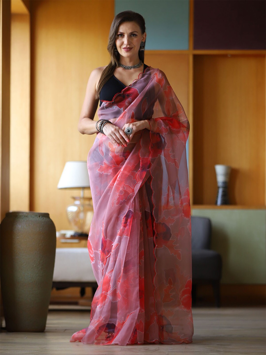 

ODETTE Pink & White Floral Sequinned Organza Saree