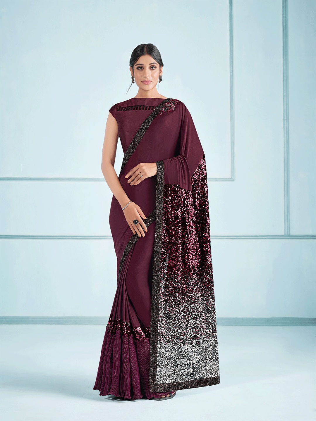 

ODETTE Purple Sequinned Saree