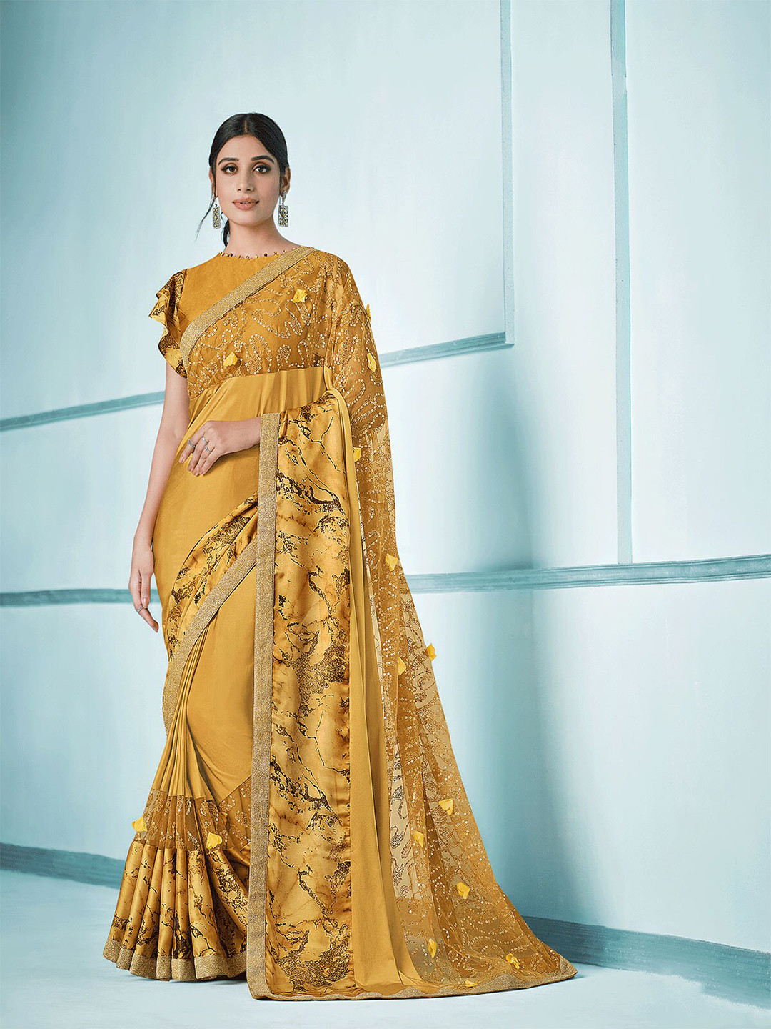 

ODETTE Mustard & Gold-Toned Floral Embroidered Saree