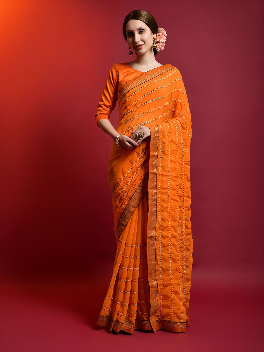 

ODETTE Orange Embellished Sequinned Saree