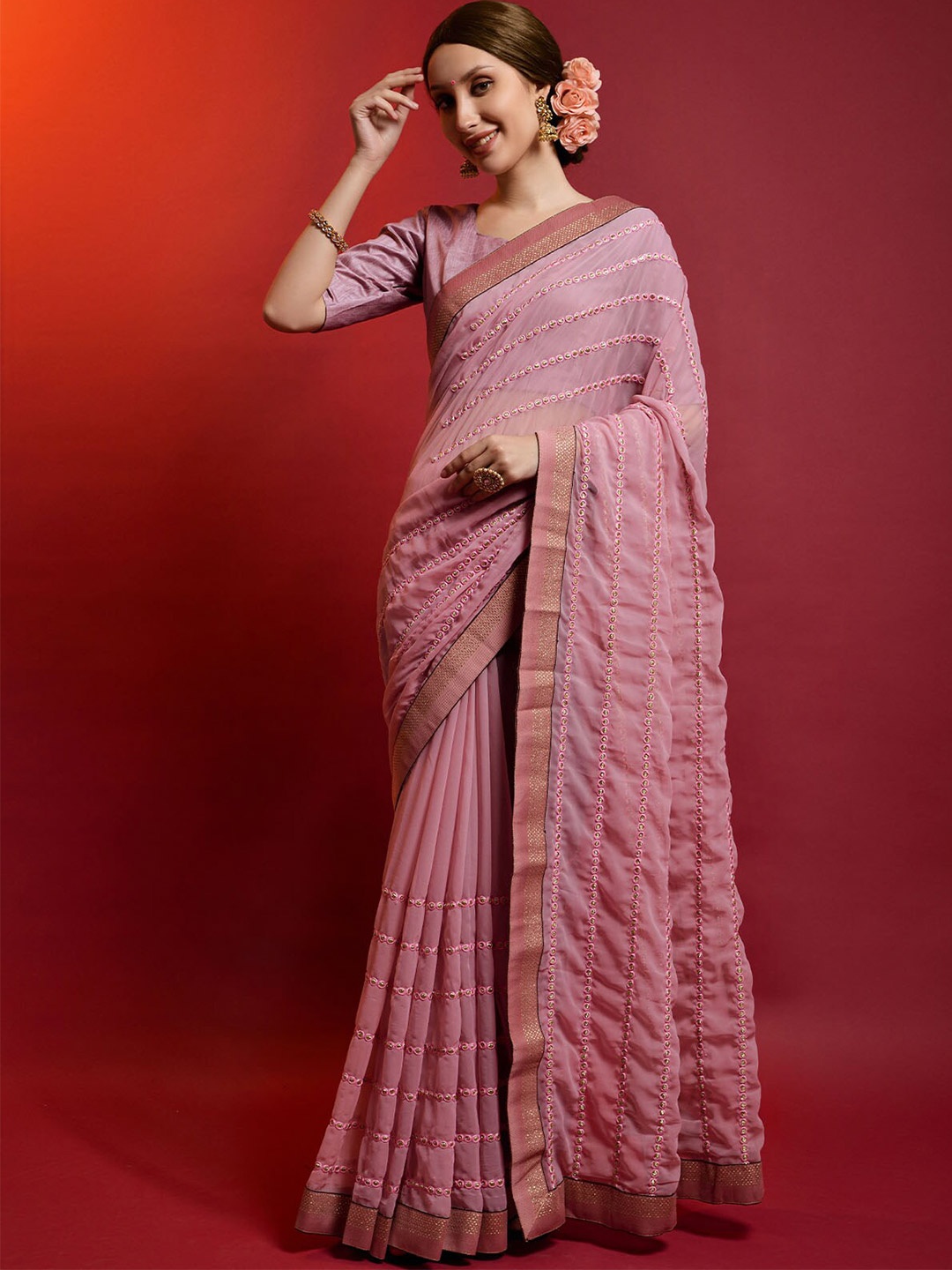 

ODETTE Pink & Gold-Toned Embellished Embroidered Saree