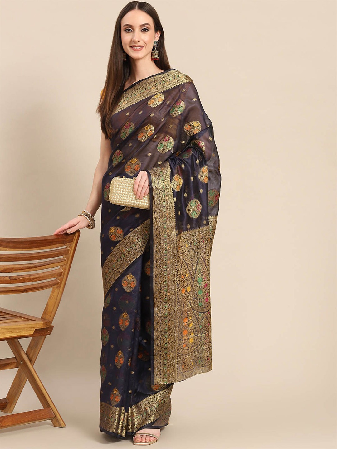 

ODETTE Navy Blue & Green Woven Design Zari Organza Saree