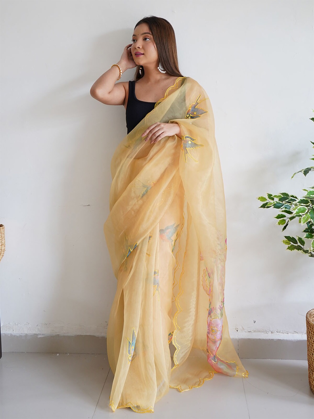 

ODETTE Yellow & Pink Floral Organza Saree